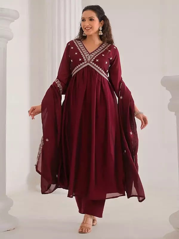 Exotic India Vichitra Silk Traditional Anarkali Kurta Set With Sequins Work Matching Dupatta 