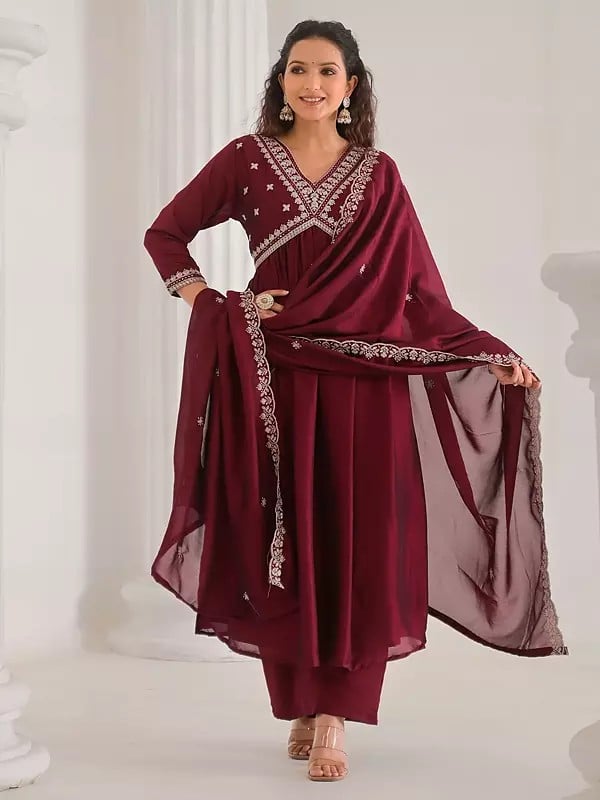 Exotic India Vichitra Silk Traditional Anarkali Kurta Set With Sequins Work Matching Dupatta 