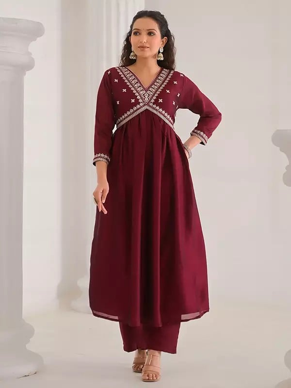 Exotic India Vichitra Silk Traditional Anarkali Kurta Set With Sequins Work Matching Dupatta 