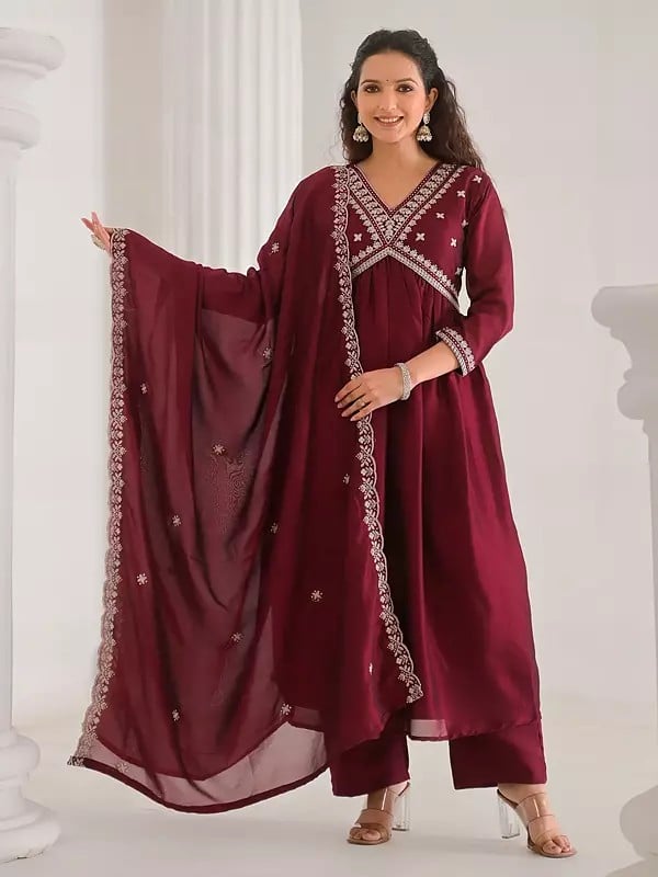 exotic india Vichitra Silk Traditional Anarkali Kurta Set With Sequins Work Matching Dupatta 