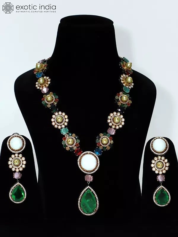 exotic india Victoria Polish Apple Green Stone Studded Long Necklace Set With Earrings 