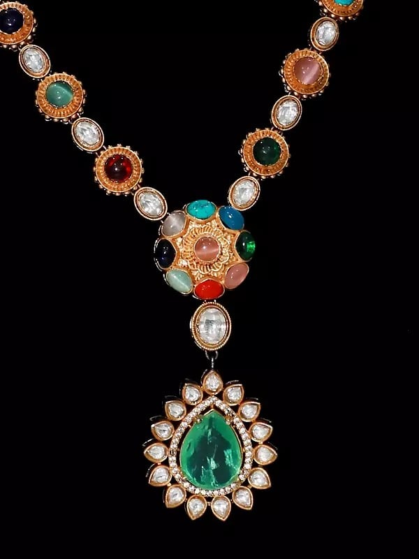 Exotic India Victoria Polish Stone Studded Designer Necklace Set With Earrings 