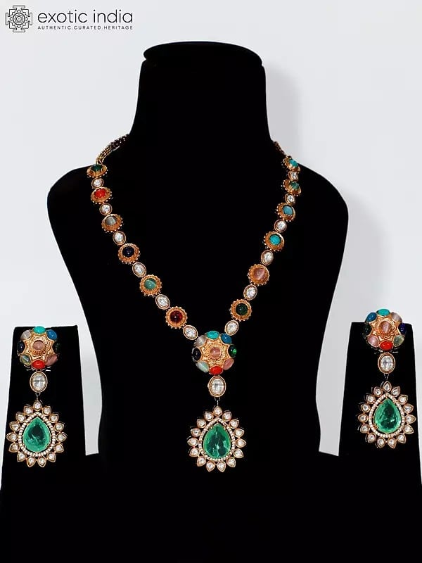 exotic india Victoria Polish Stone Studded Designer Necklace Set With Earrings 