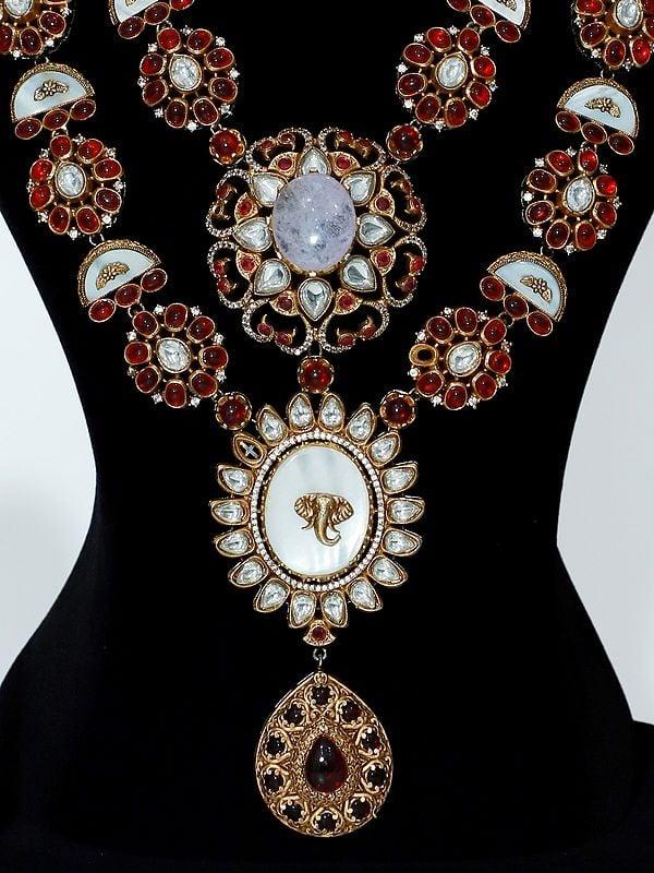 Exotic India Victoria Polish Traditional Double Layer Long Necklace Set With Earrings