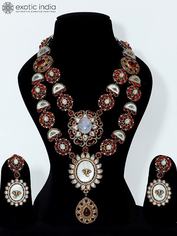 exotic india Victoria Polish Traditional Double Layer Long Necklace Set With Earrings 