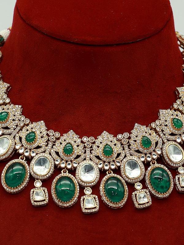 Exotic India Victorian Moissanite Doublet Stone Necklace Set With Antique Polish And Beautiful Earrings 