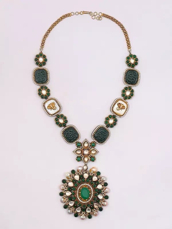 Exotic India Victorian Style Green Stone Studded Long Necklace And Earring Set 
