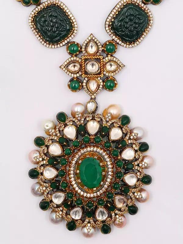 Exotic India Victorian Style Green Stone Studded Long Necklace And Earring Set 