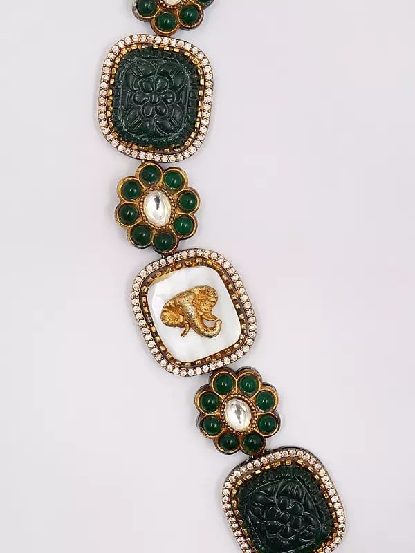 Exotic India Victorian Style Green Stone Studded Long Necklace And Earring Set 