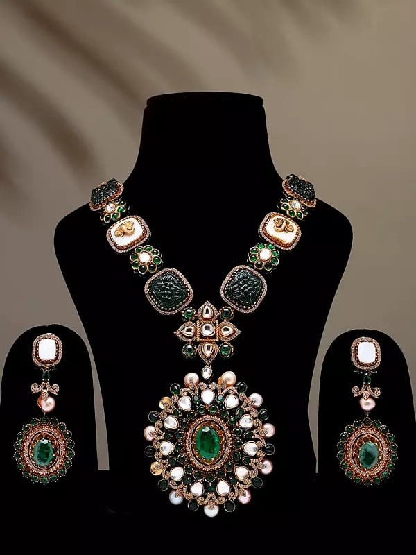exotic india Victorian Style Green Stone Studded Long Necklace and Earring Set 