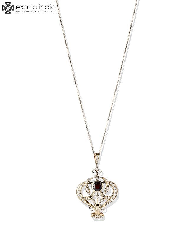 Exotic India Vintage Style Sterling Silver Pendant With Pearls And Garnet Gemstone