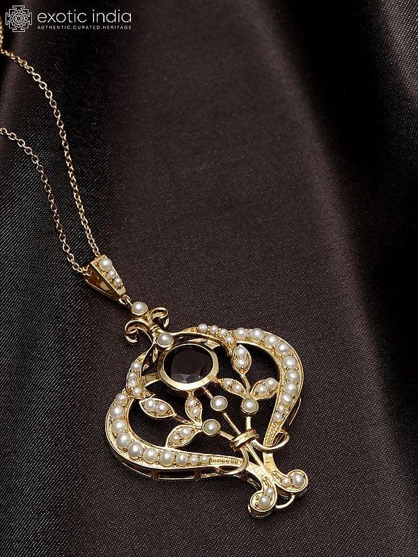 exotic india Vintage Style Sterling Silver Pendant with Pearls and Garnet Gemstone 