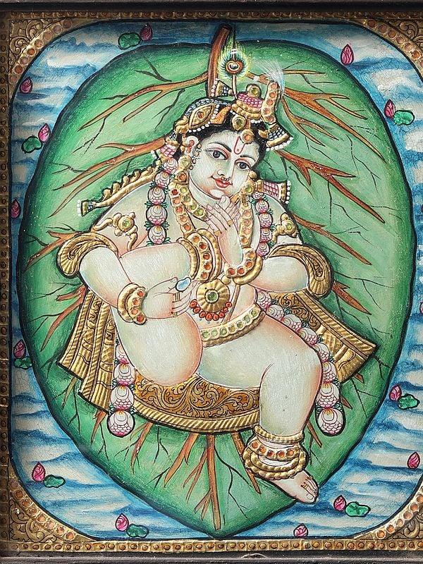Exotic India Vintage Vatapatra-Shayi Krishna Tanjore Painting With Teakwood Frame