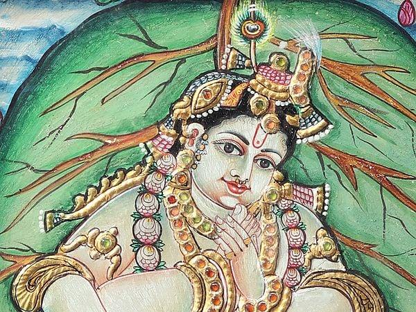 Exotic India Vintage Vatapatra-Shayi Krishna Tanjore Painting With Teakwood Frame
