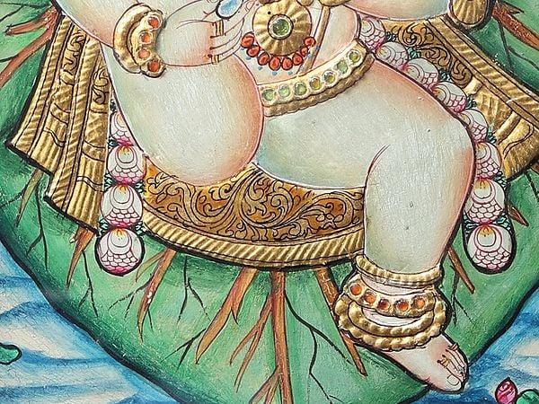 Exotic India Vintage Vatapatra-Shayi Krishna Tanjore Painting With Teakwood Frame