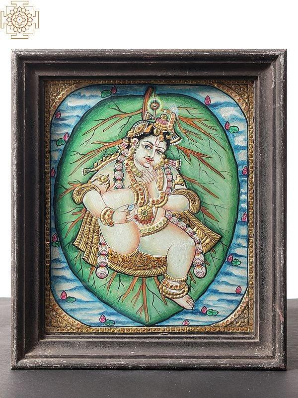 exotic india Vintage Vatapatra-Shayi Krishna Tanjore Painting with Teakwood Frame 