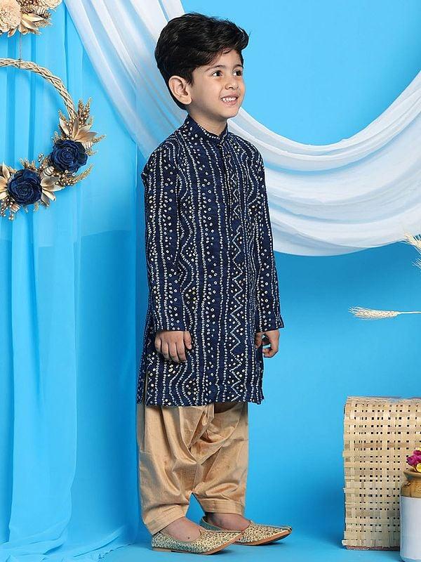 Exotic India Viscose Blend Bandhani Foil Print Kurta With Rose-Gold Pajama 