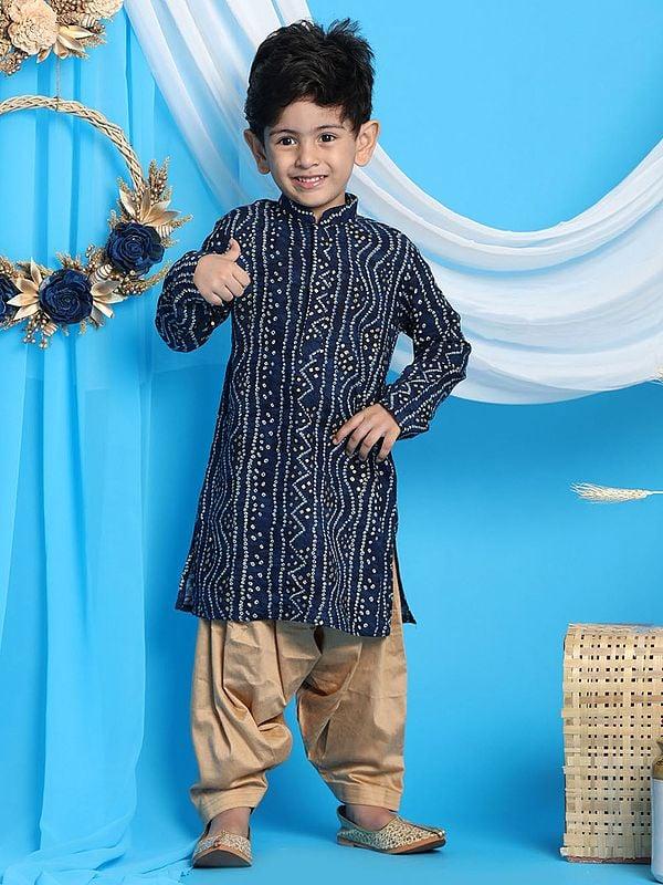 exotic india Viscose Blend Bandhani Foil Print Kurta With Rose-Gold Pajama 