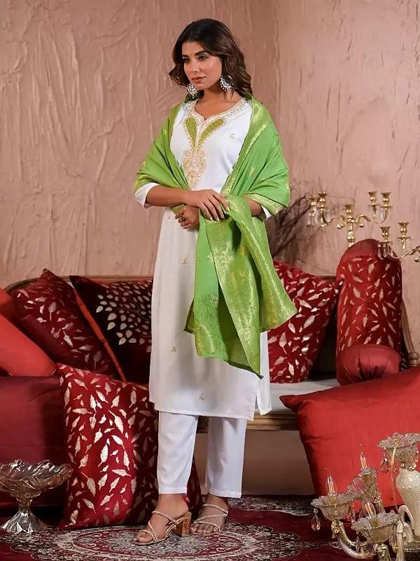 Exotic India Viscose Blend Embroidery And Sequins Work Paisleys Motifs Straight Kurta Set With Dupatta 