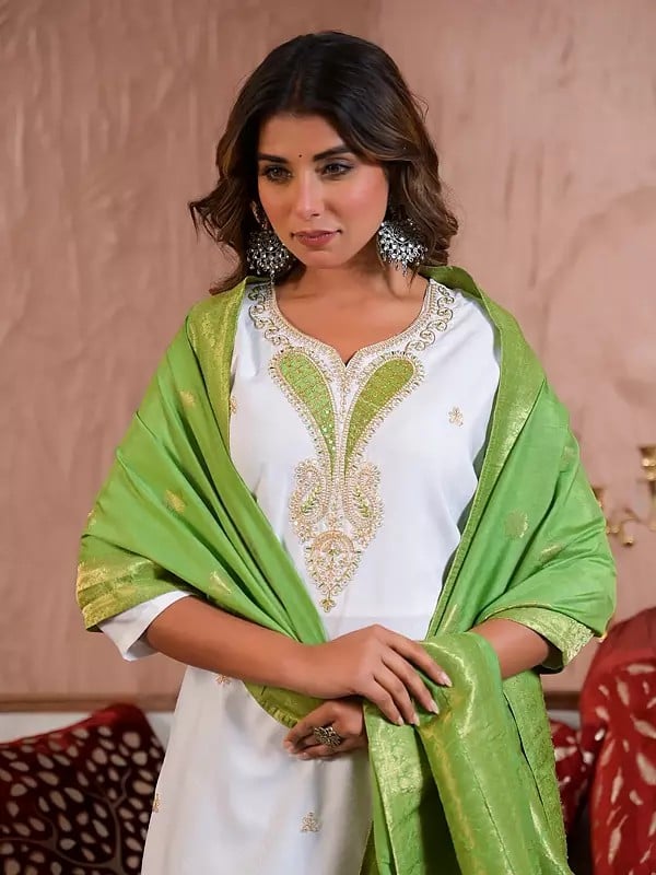Exotic India Viscose Blend Embroidery And Sequins Work Paisleys Motifs Straight Kurta Set With Dupatta 