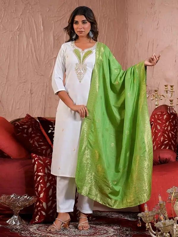 exotic india Viscose Blend Embroidery And Sequins Work Paisleys Motifs Straight Kurta Set With Dupatta
