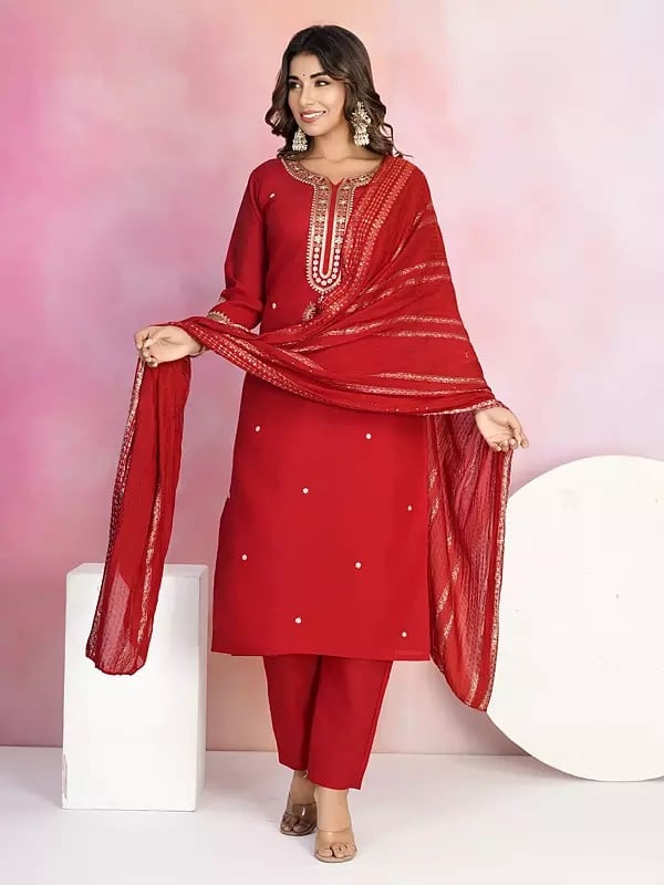 Exotic India Viscose Chanderi Elegant Embroidery Work Festive Wear Kurta Set With Matching Dupatta 