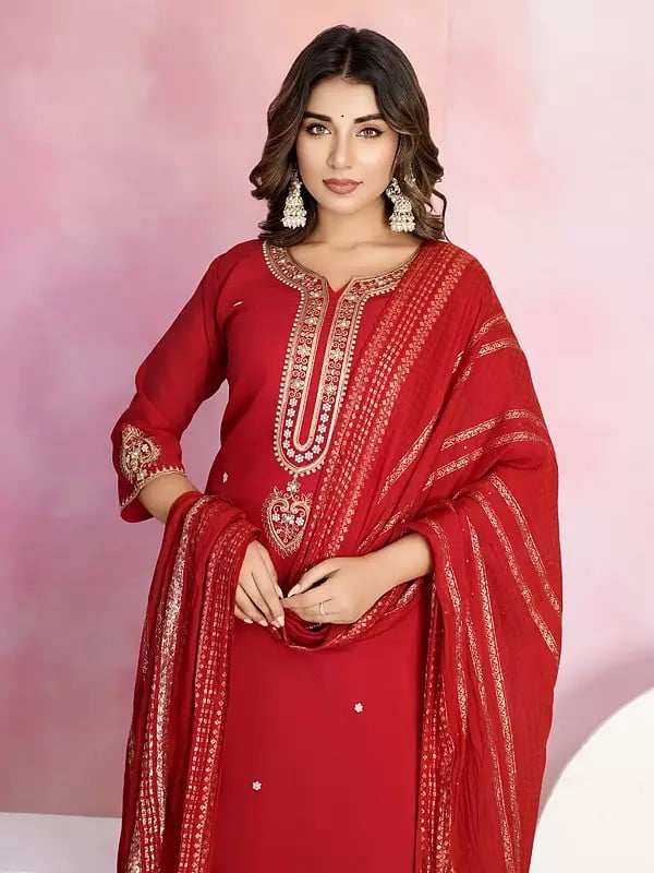 Exotic India Viscose Chanderi Elegant Embroidery Work Festive Wear Kurta Set With Matching Dupatta 