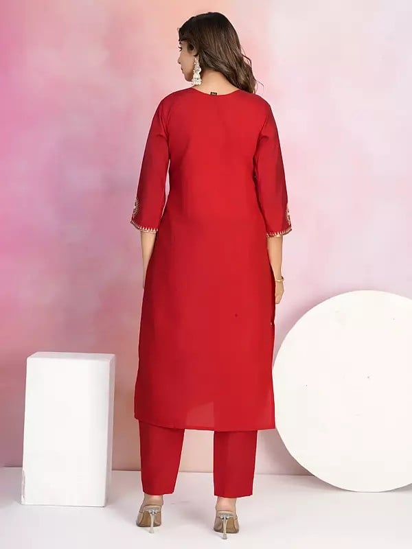 Exotic India Viscose Chanderi Elegant Embroidery Work Festive Wear Kurta Set With Matching Dupatta 