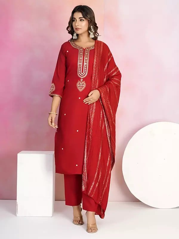 exotic india Viscose Chanderi Elegant Embroidery Work Festive Wear Kurta Set With Matching Dupatta 