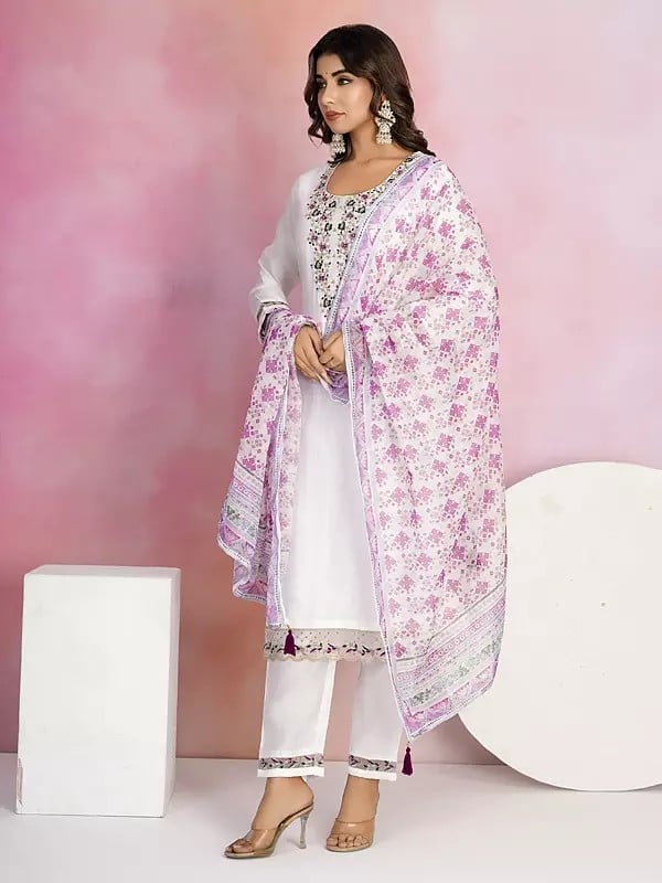 Exotic India Viscose Chanderi Embroidery Work Fancy Festive Wear Kurta Set With Tassels Dupatta 