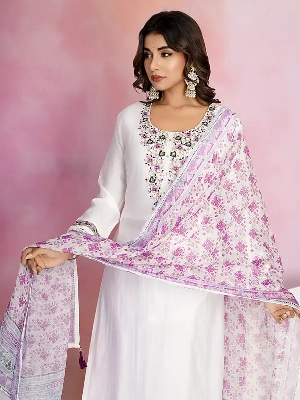 Exotic India Viscose Chanderi Embroidery Work Fancy Festive Wear Kurta Set With Tassels Dupatta 
