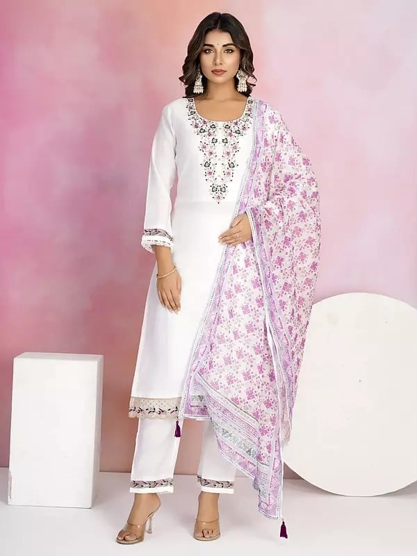 exotic india Viscose Chanderi Embroidery Work Fancy Festive Wear Kurta Set With Tassels Dupatta