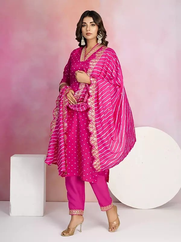 Exotic India Viscose Chanderi Small Butti Motifs Straight V-Neck Kurta Set With Striped Dupatta