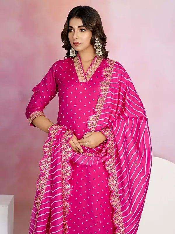 Exotic India Viscose Chanderi Small Butti Motifs Straight V-Neck Kurta Set With Striped Dupatta
