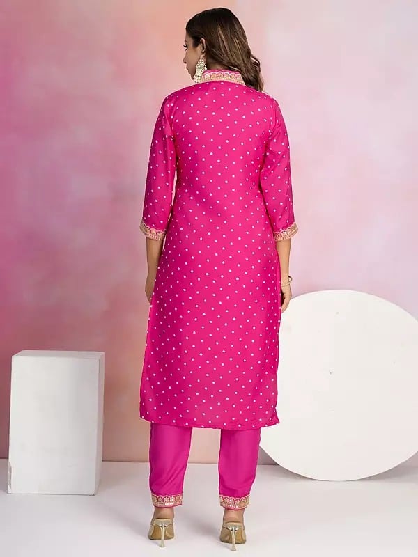 Exotic India Viscose Chanderi Small Butti Motifs Straight V-Neck Kurta Set With Striped Dupatta