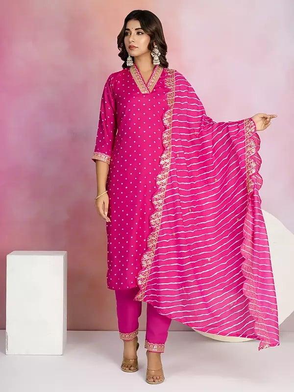 exotic india Viscose Chanderi Small Butti Motifs Straight V-Neck Kurta Set With Striped Dupatta