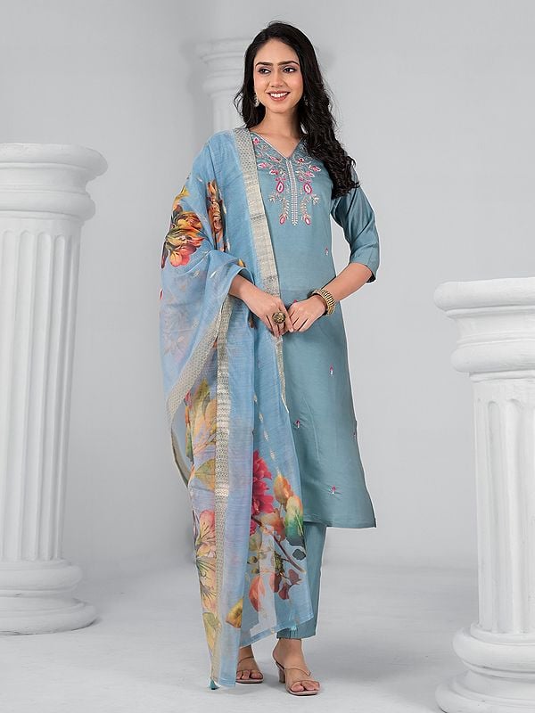 Exotic India Viscose Chanderi Stylish Embroidery Work V-Neck Kurta Set With Jacquard Floral Print Dupatta