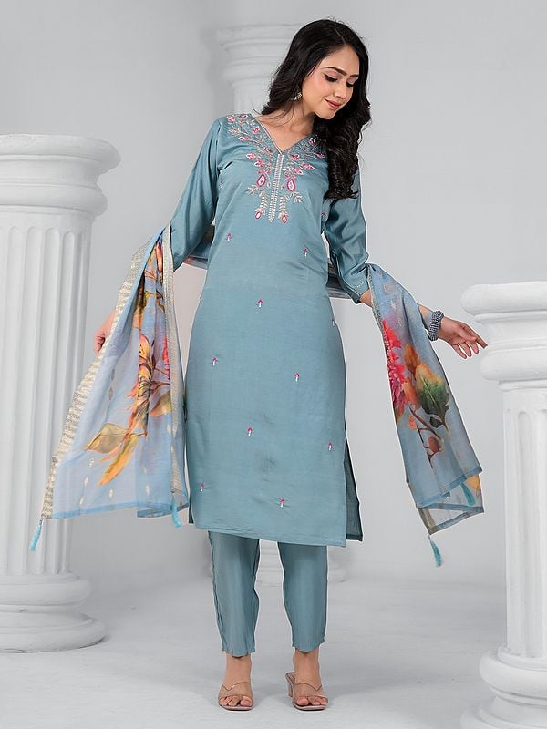 Exotic India Viscose Chanderi Stylish Embroidery Work V-Neck Kurta Set With Jacquard Floral Print Dupatta
