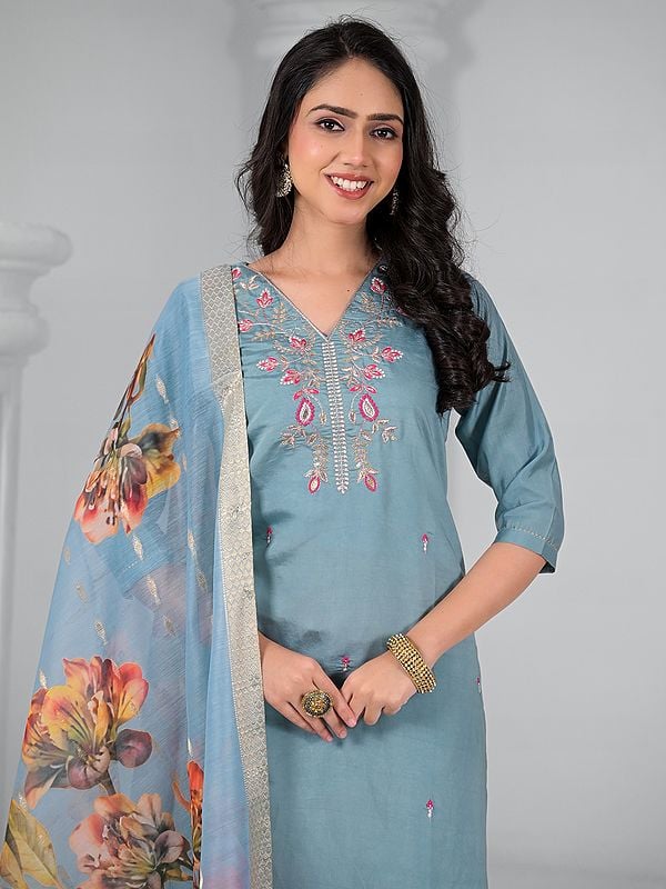 Exotic India Viscose Chanderi Stylish Embroidery Work V-Neck Kurta Set With Jacquard Floral Print Dupatta