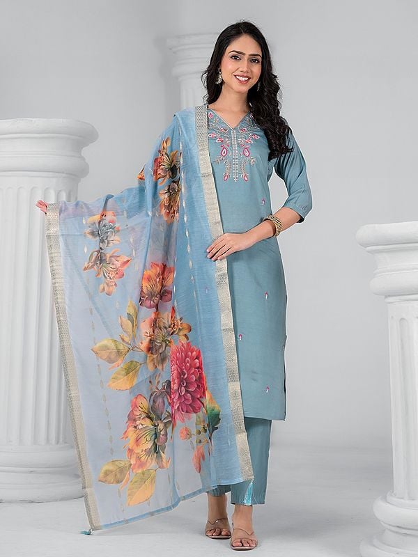 exotic india Viscose Chanderi Stylish Embroidery Work V-Neck Kurta Set With Jacquard Floral Print Dupatta 