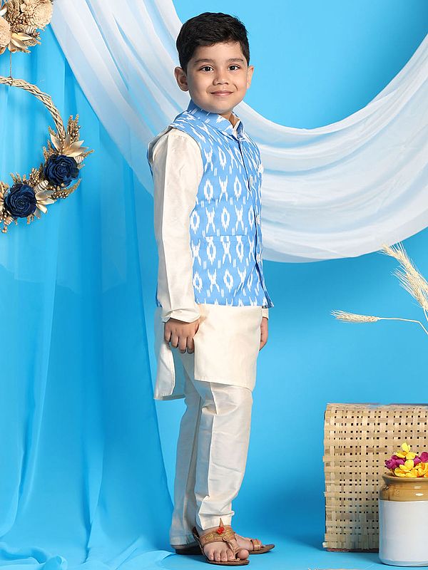 Exotic India Viscose Cream Kurta Pajama With Aqua Ikkat Pattern Print Cotton Blend Modi Jacket 
