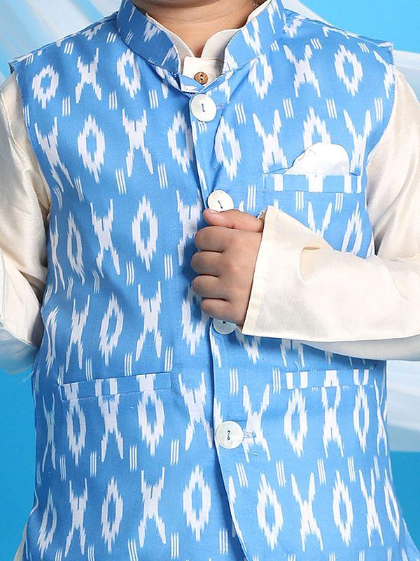 Exotic India Viscose Cream Kurta Pajama With Aqua Ikkat Pattern Print Cotton Blend Modi Jacket 