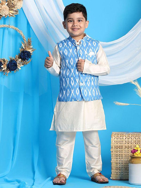 exotic india Viscose Cream Kurta Pajama With Aqua Ikkat Pattern Print Cotton Blend Modi Jacket 