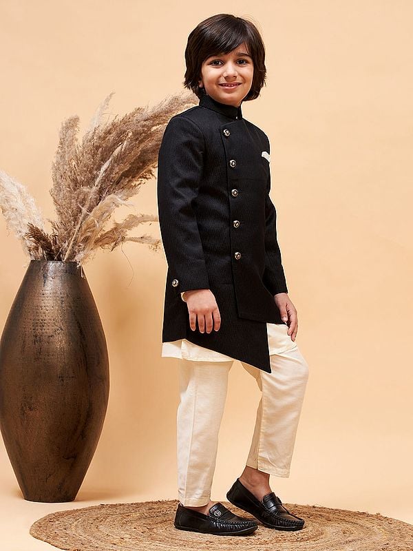 Exotic India Viscose Cream Kurta Pajama With Asymmetrical Style Sherwani 