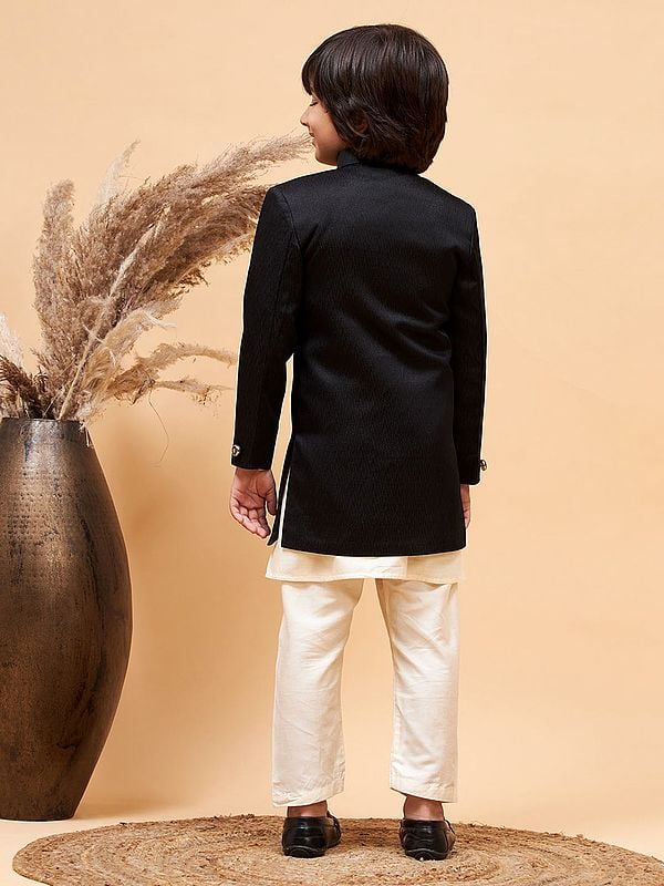 Exotic India Viscose Cream Kurta Pajama With Asymmetrical Style Sherwani 