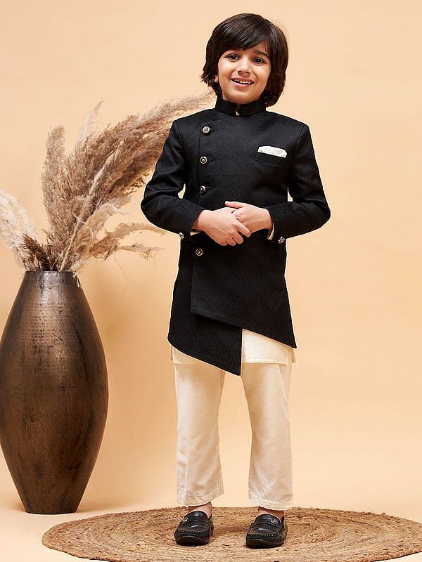 exotic india Viscose Cream Kurta Pajama With Asymmetrical Style Sherwani 