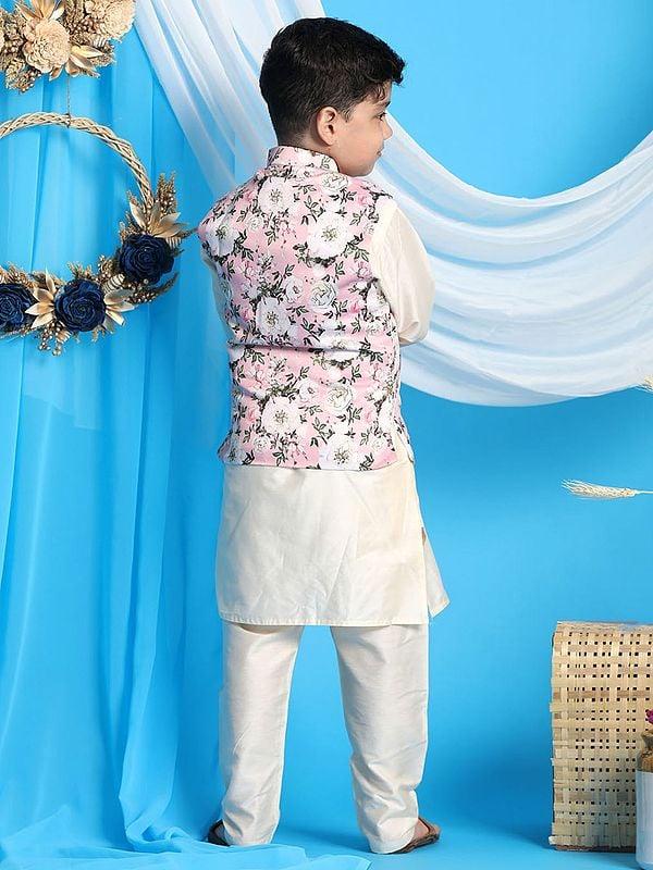 Exotic India Viscose Cream Kurta Pajama With Silk Blend Printed Pink Modi Jacket 