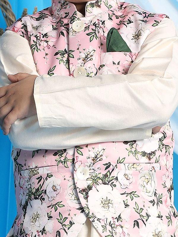 Exotic India Viscose Cream Kurta Pajama With Silk Blend Printed Pink Modi Jacket 