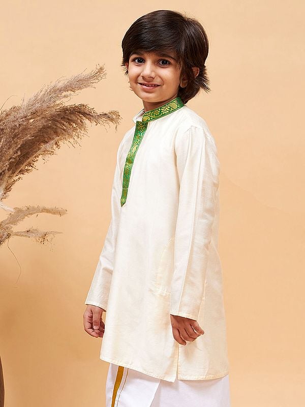 Exotic India Viscose Cream Kurta With Border Placket Neck