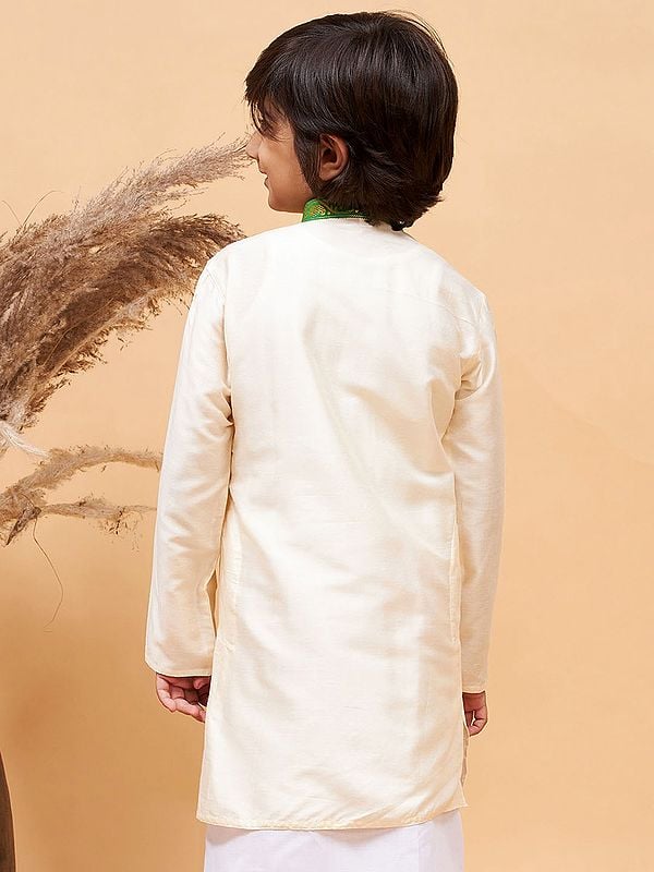 Exotic India Viscose Cream Kurta With Border Placket Neck